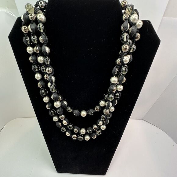 Multi Strand Statement Ribbon Necklace with Silver Black Clear Glass Beads 22" - Picture 4 of 14
